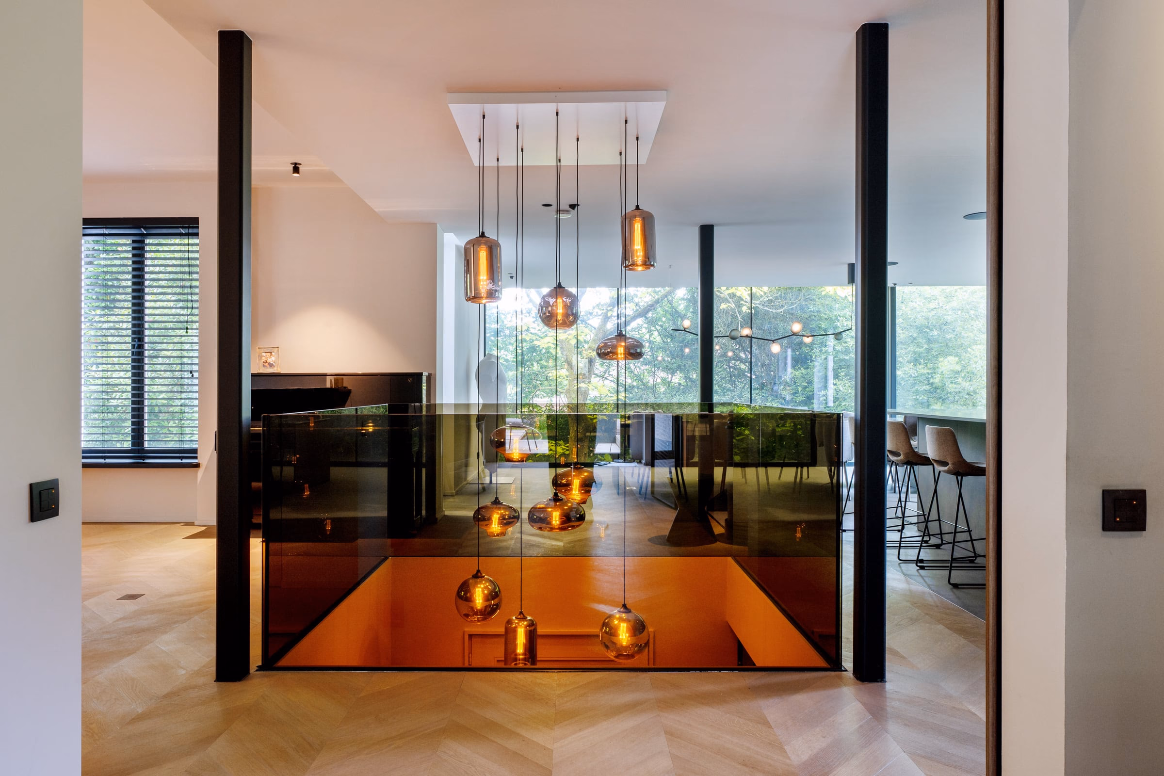 A room with many pendant lights