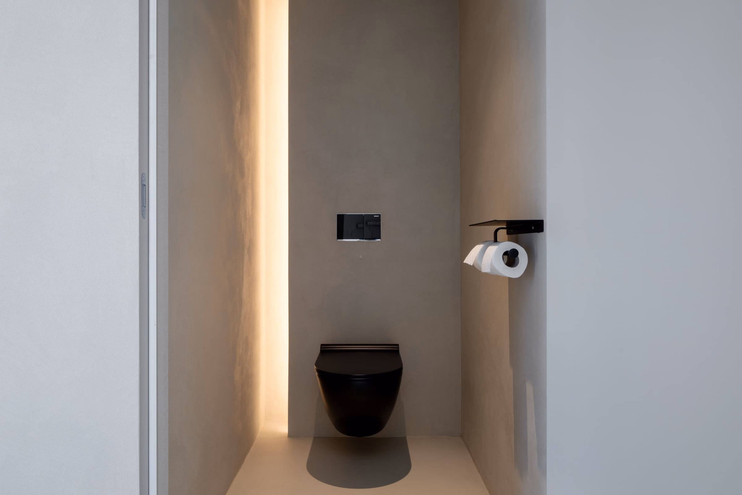 A bathroom with a black toilet