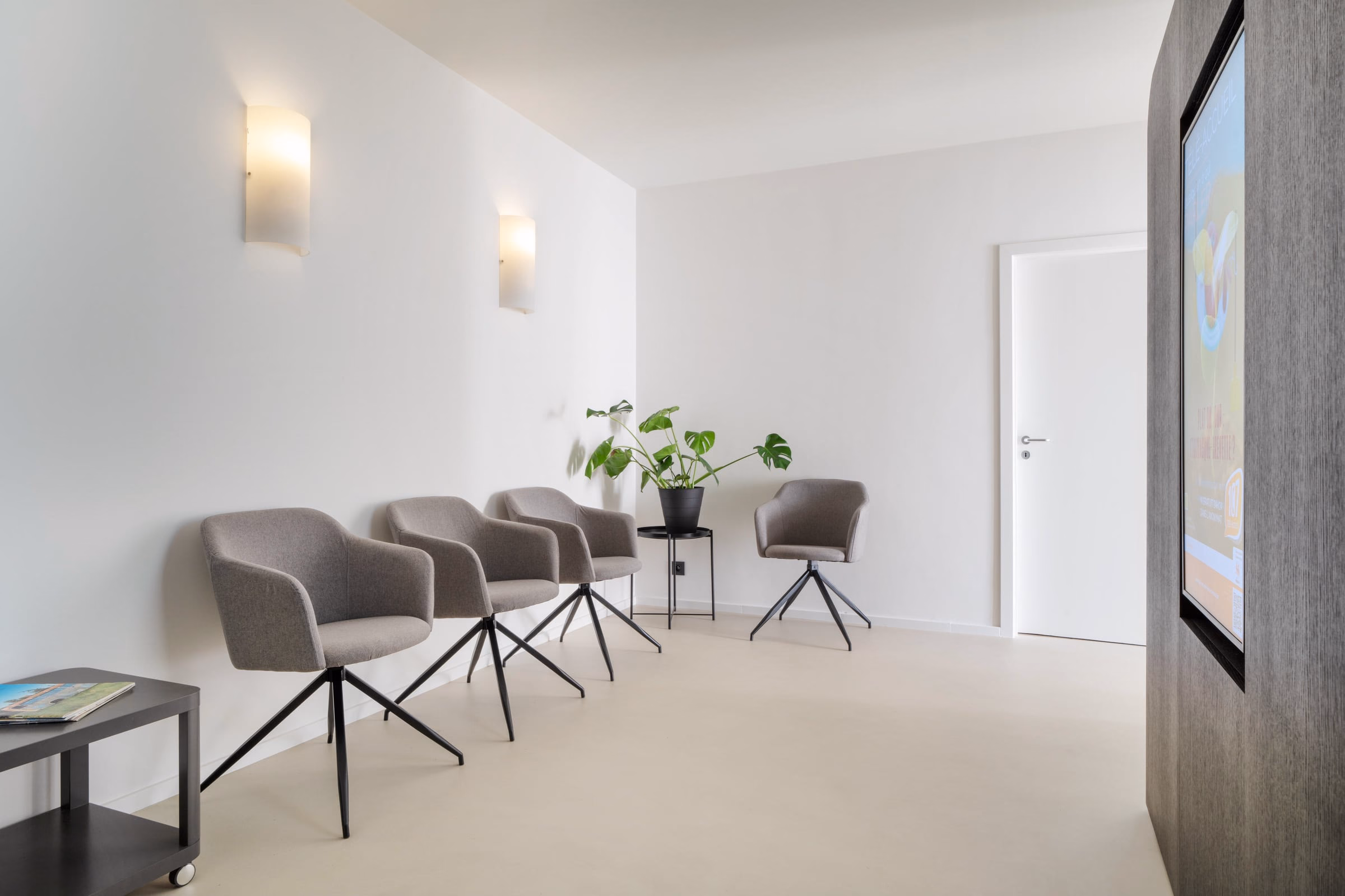 A waiting room with chairs and a plant on a table