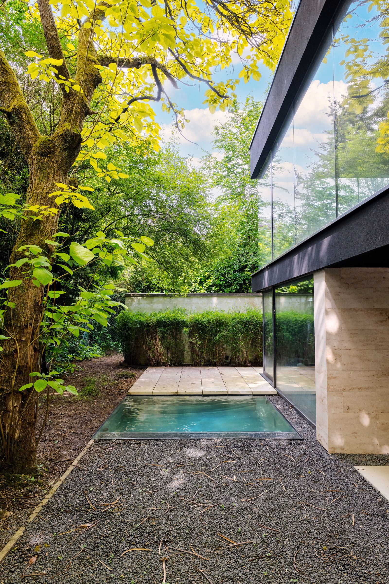 A swimming pool in the garden of a house