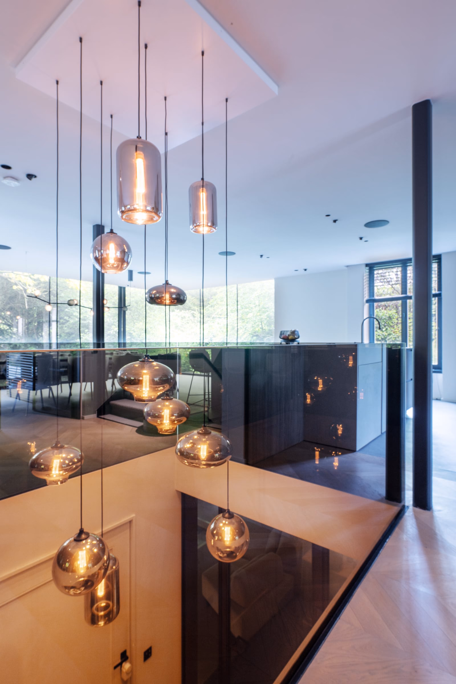 A room with many pendant lights