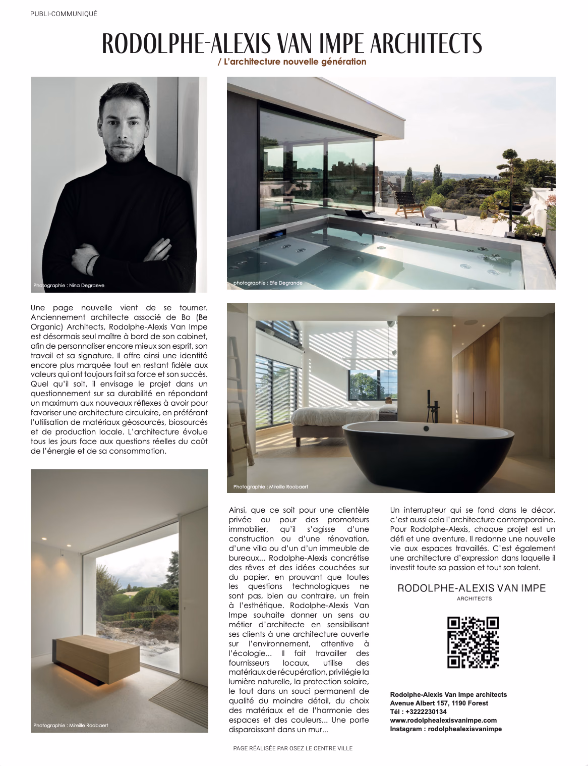 Elle Décoration page presenting Rodolphe-Alexis Van Impe Architects, with a portrait of the architect and photographs of three interiors
